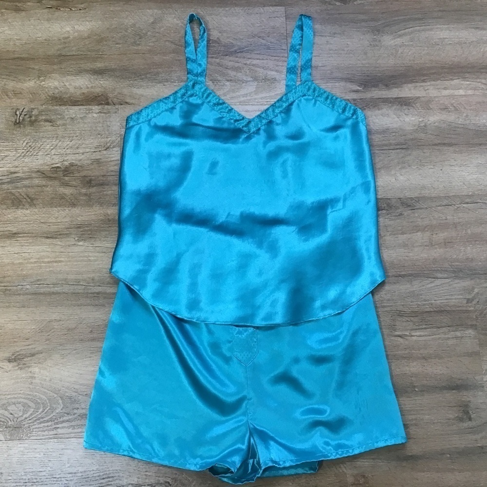 Vintage Size S Nightie Pajama 2 Piece Set Satin Partners Mervyns Teal Bl…